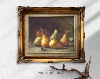 Pear wall art. Vintage still life PRINTABLE poster with pears.  Kitchen and dining room decor with green and yellow pears.