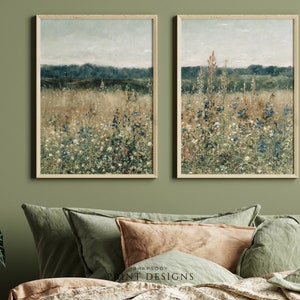 Set of 2 Vintage wildflower prints country landscape. PRINTABLE Country meadow. Landscape Oil Painting Muted farmhouse decor. Pair of prints