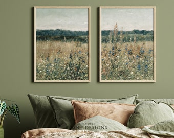 Set of 2 Vintage wildflower prints country landscape. PRINTABLE Country meadow. Landscape Oil Painting Muted farmhouse decor. Pair of prints