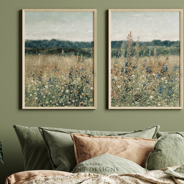 Set of 2 Vintage wildflower prints country landscape. PRINTABLE Country meadow. Landscape Oil Painting Muted farmhouse decor. Pair of prints