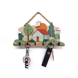 Rustic Wooden House Key Holder - Pastel Wall Hanging Decor, Cottagecore Key Rack, Farmhouse Entryway Organizer, Gift for New Home