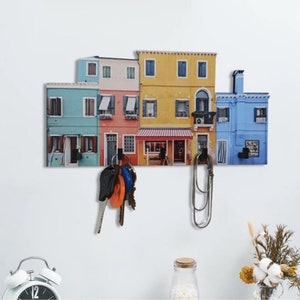 Dekoracyjny brelok do kluczy na ścianę, kolorowy dom wzorzyste haczyki na klucze, drewniany brelok w stylu retro, samoprzylepny wieszak na klucze z 5 haczykami zdjęcie 4