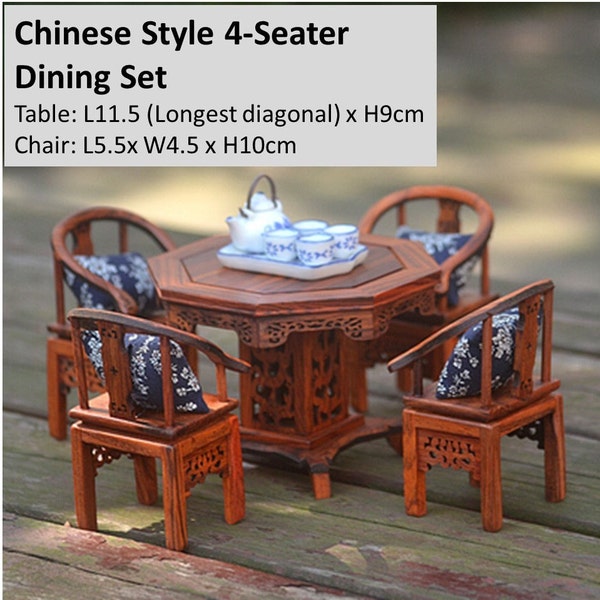 Miniature 1:12 Scale - Whole Set - Chinese Style 4-Seater Dining Set B - Mini Wooden Octagon Dining Table + 4 Chairs