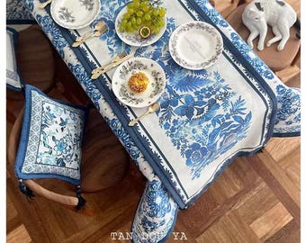 Miniature - Dollhouse Dining Room Tablecloth Set - Floral Pattern - Blue & White