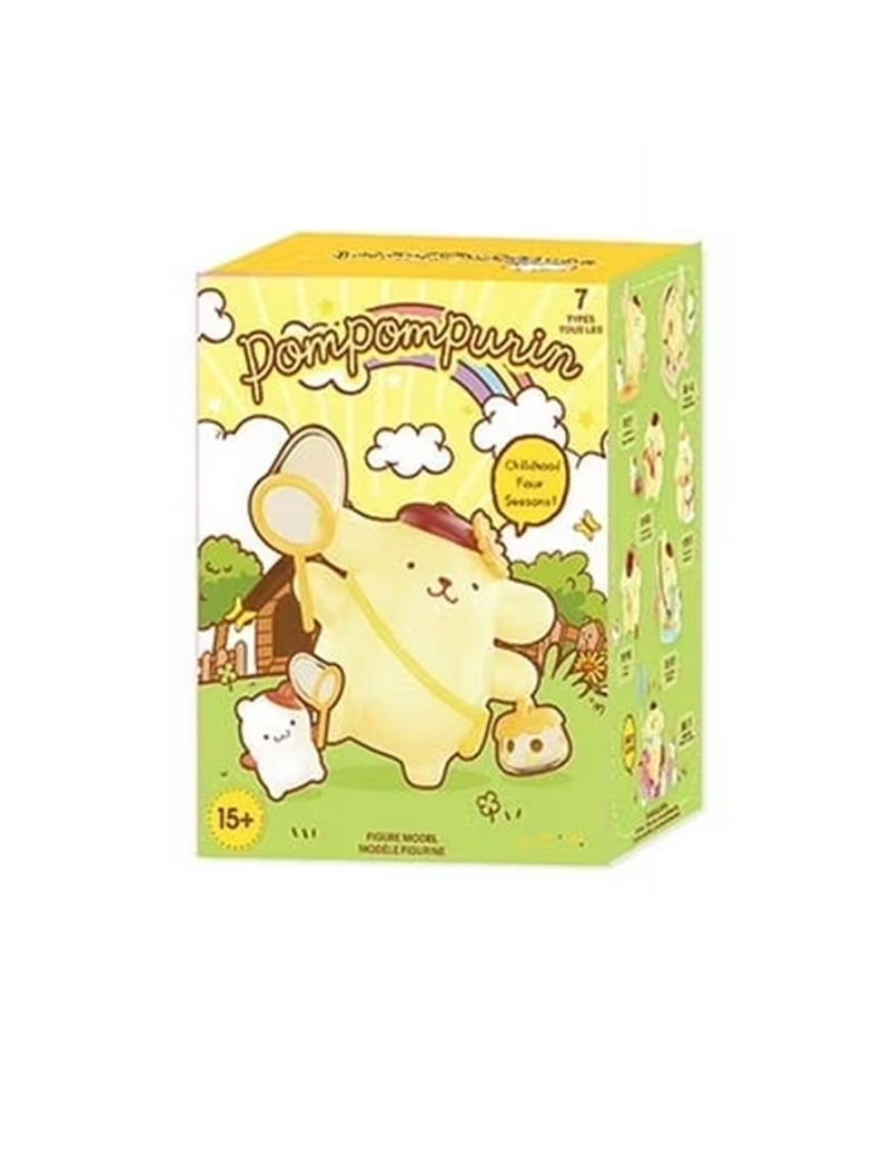 K&ouml;nnte beinhalten: Eine gelb-gr&uuml;ne Box mit der Figur Pompompurin, die ein Netz und eine Handtasche h&auml;lt. Auf der Box steht "Pompompurin" und "Childhood Four Seasons!". Au&szlig;erdem steht auf der Box "15+" und "Figure Model".