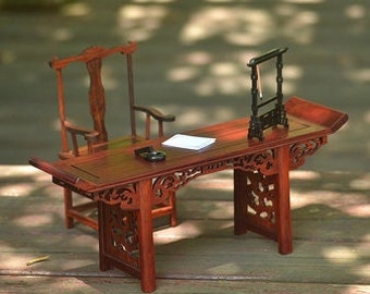 Mesa de estudio de madera estilo chino con silla (miniatura a escala 1:6) - Conjunto completo