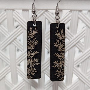 Wooden Black Drop Earrings with Engraved Florals