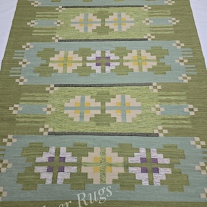 Handwoven Wool Kilim Rug: 8x10 Green Geometric Area Rug