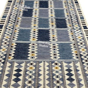 Blue Swedish Scandinavian Design Inspired High Quality Flatweave Wool Rug for Living Room Office 8x10 Bedroom Rug Customize in all size