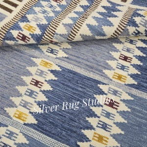 Handwoven Wool Rug: Blue Swedish Design, 6x9 ft Vintage Style