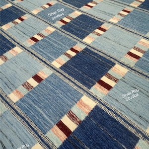 Blue Scandinavian inspired High Quality Hand woven Wool Rug for living Room Flatweave Boho Geometric Rug 8x10 9x12 Rug Customize in all Size