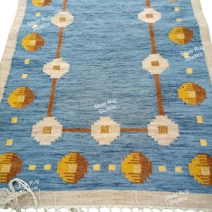 Blue Swedish Marianne Richter Inspired Rug, High Quality Flatweave Wool Rug for Living Room, Bedroom, 3x18 Runner, Customize in all Size
