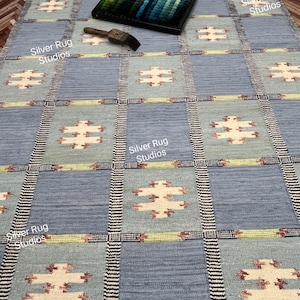 Rugs 4x6 5x8 8x10 Swedish Marianne Richter inspired Blue Kilim Rug for Family Wool Rug for Living Room Bedroom Customize in All Sizes