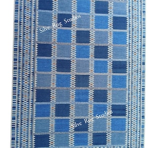 Blue Swedish Scandinavian Inspired High Quality Handwoven Flatweave Wool Rug for Living Room Bedroom 8x10 9x12 Rug, Customise in all Size