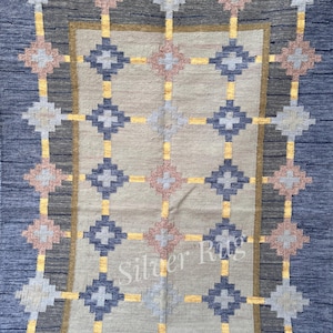 Blue Swedish Scandinavian Inspired Kilim Rug, High Quality Flatweave Wool Rug for Living Room Bedroom 8x10 9x12 Rug Customize in all Size