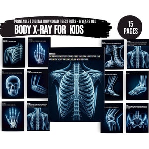 May include: A set of 15 printable pages featuring x-ray images of different parts of the human body, including the skull, ribs, hand, knee, and foot. The pages are designed for children ages 3-6 and include educational text about the human body.