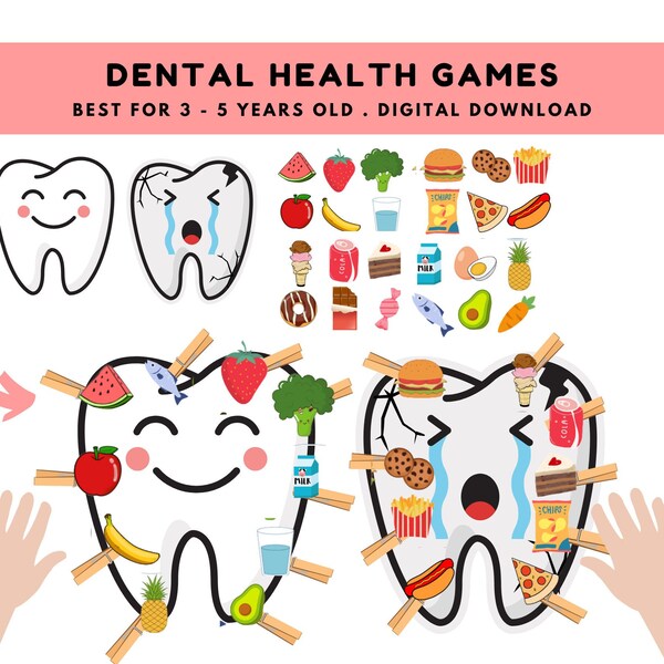 Juego de salud dental PDF imprimible, Actividad dental para niños pequeños en edad preescolar imprimible, Educación dental sobre dientes, Juegos dentales, Juego dental para niños