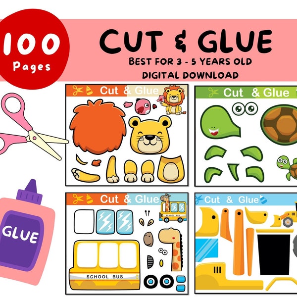 Cut and Glue Kit: Steigern Sie die Scherenfähigkeiten Ihrer Kinder mit lustigen DIY-Aktivitäten. Ideal für Kinder im Vorschulalter. Ausschneiden und Einfügen. Scherenfertigkeiten. Digitaler Download