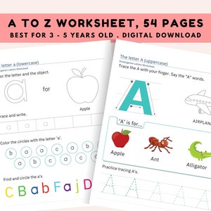 Op de afbeelding: Een printbaar werkblad voor kinderen om de letter A te leren. Het werkblad bevat activiteiten voor het traceren, kleuren en herkennen van woorden. Het werkblad toont een appel, een vliegtuig, een mier en een alligator.