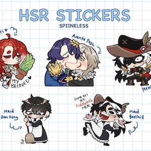 May include: A set of six colorful stickers featuring anime-style characters. The stickers are printed on a white background and feature various characters with different expressions and poses. The text "HSR STICKERS" and "SPINELESS" is printed at the top of the image.