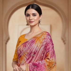 Könnte beinhalten: Eine Frau trägt einen lebendigen Sari mit einem Batikmuster in Orange-, Rosa- und Lilatönen. Der Sari hat zarte Blumenstickereien und wird mit einer senfgelben Bluse kombiniert. Der Hintergrund hat ein architektonisches Design.