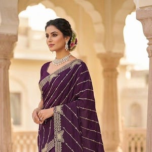 Silk Blend Sequence Work Saree | Zari Embroidery Wedding Wear Saree with Butterfly Border | Designer Indian Festive Party Wear Sari