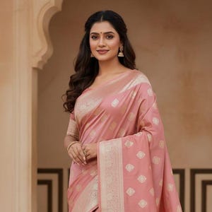 May include: A pink saree with detailed gold patterns and a decorative border. The fabric drapes elegantly, showcasing a traditional design. The saree is worn by a person.