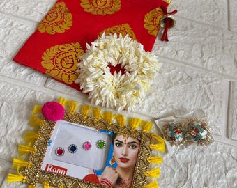 10-100 X Mehndi Favors Gift Set, Gajra, Potli, Earring, Bindi , Bridesmaid Gifts, Wedding Return Gifts, Puja Gifts, Sangeet Dholki Party