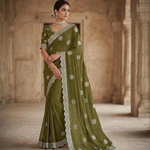Olive Green Shimmer Saree with Silver Zari Stone Work | Designer Wedding Guest Sari | Bollywood Style Party Wear Saree