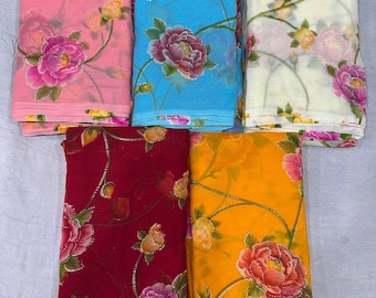 Chiffon Flower Print Party Wear Foil Print Party Wear Saree Without Blouse,Fancy saree,Indian Saree,Flower Print Saree, Light Weight Saree