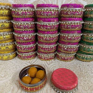 Bulk Brocade Steel Ladoo Box, Wedding Favors, Empty Sweet Box, Bhaji Box, Housewarming Favors, Diwali Gifts, Prashad Boxes, Punjabi Wedding