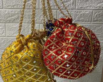 Mirror Work Potli Bags, Set of 10-100, Rajasthani Wedding Favors, Indian Handmade Mehndi Sangeet Return Gifts