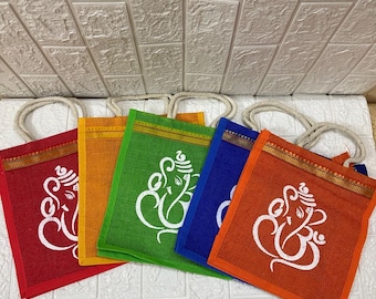 Bulk Jute bags with contrast Print for Return gifts, Thamboolam Bags, Wedding Gifts, Puja Gift Bags, Housewarming Gifts For Guests