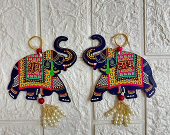 Großer MdF-Elefanten-Shubh Labh-Paar-Behang, Türbehang, Diwali-Geschenke, Housewarminggeschenke, religiöse Geschenke für Gäste