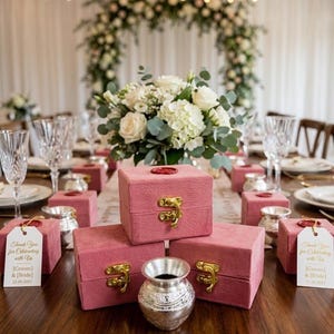 Op de afbeelding: Een bruilofttafelsetting met roze fluwelen gunstdozen met gouden sluitingen, een zilveren vaas en bloemstukken. Elke doos heeft een label met de tekst "Thank You for Celebrating with Us".