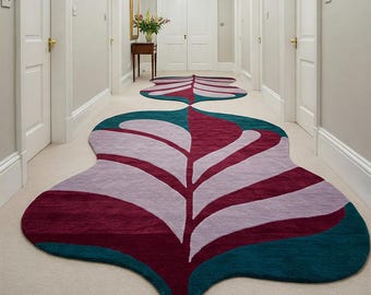 Abstract Leaf Rug, Modern Floral Runner Rug, Unique Shape Carpet