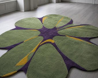 Hand Tufted Flower Rug, Abstract Floral Carpet, Modern Organic Green Purple Floor Mat