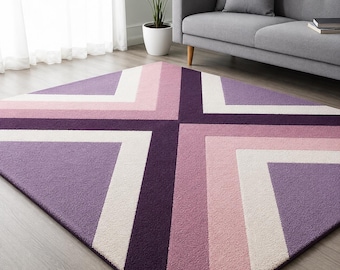 Modern Geometric Area Rug | Purple Pink Abstract Wool Carpet