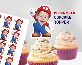 Topper de cupcake Mario, décor de gâteau d’anniversaire Mario, topper de cupcake personnalisé, topper de gâteau Mario imprimable, topper de cupcake visage photo bébé, Super