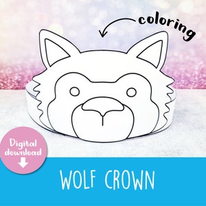 May include: Printable wolf crown template for kids to color. The crown is shaped like a wolf's head with big ears and a cute snout. The template is ready to be printed and colored.