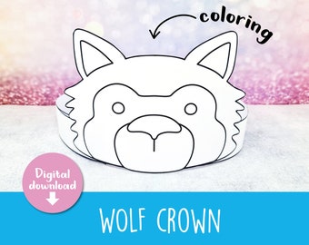 Printable wolf crown, Coloring wolf crown, Woodland headband, printable wolf party hat, Wolf mask, woodland, Animal crown, wolf diy