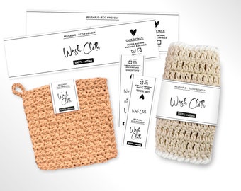 Dishcloth wrap labels, washcloth label, wash cloth tags, Dish cloth tag, Washcloth set of labels, Crochet Knit dish cloth tags, Printable