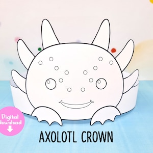 Corona para colorear ajolote, sombrero de papel Ajolote para niños, corona de cumpleaños, diadema de fiesta, ajolote imprimible, corona de ajolote, máscara de ajolote,DIY