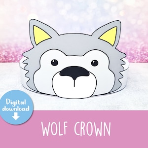 May include: Printable wolf crown craft template. The crown is gray with black eyes, nose, and mouth. The ears are yellow with a white outline. The text "WOLF CROWN" is printed below the crown.