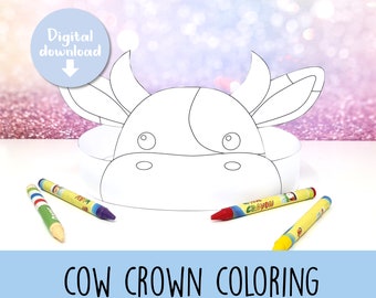 Coloring Cow crown, Cow paper hat for kids, printable birthday crown, party headband, Cow party hat, Cow mask, Farm party, Printable crown