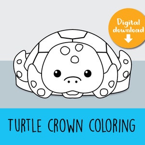 May include: Black and white line drawing of a turtle wearing a crown. The turtle is facing the viewer and has its head and legs tucked in. The crown is on top of the turtle's shell. The image is suitable for coloring.