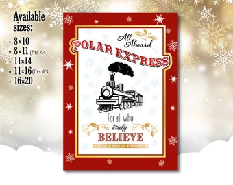 Polar Express-affisch utskrivbar, Alla ombord, Golden Believe Polar Express, Tågaffisch, Utskrivbar, Julaffisch, Röd, Juldekor, Polar
