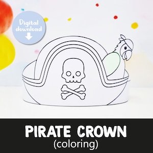 Pirate paper hat, Printable pirate crown, birthday crown, Digital download, printable pirate mask, printable pirate hat, coloring, hat
