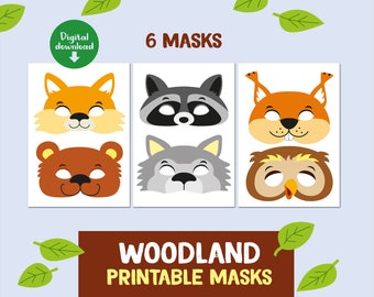 Woodland animal masks, Woodland masks, Printable forest animal masks, Wolf mask, Owl mask, Bear mask, fox mask, Squirrel mask, racoon mask