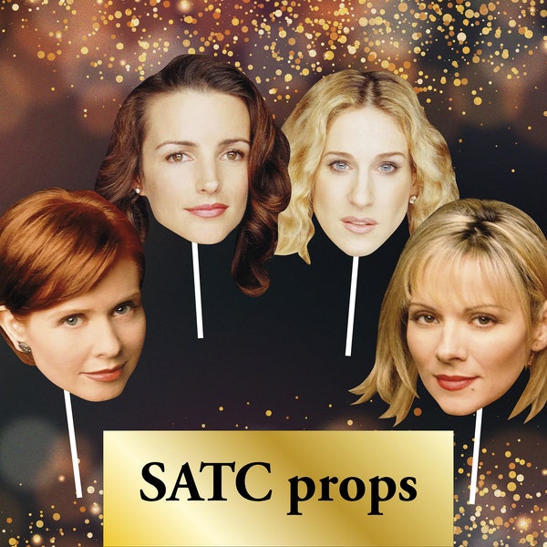 SATC props, Sex and the city photo booth, Carrie, Miranda, Charlotte, Samantha. Hen party party props, Printable SATC masks, Bachelorette